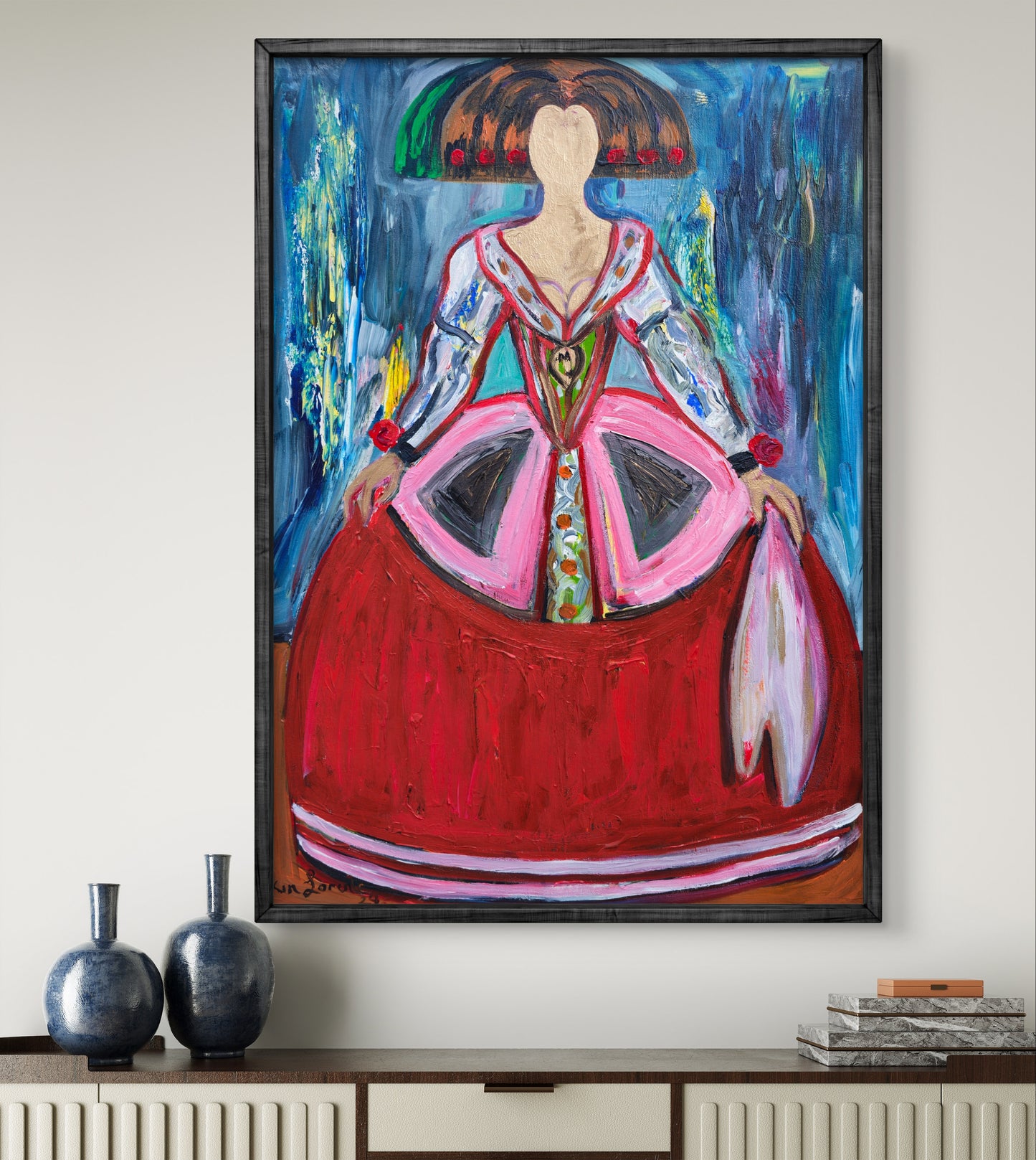 Menina en rojo y azul