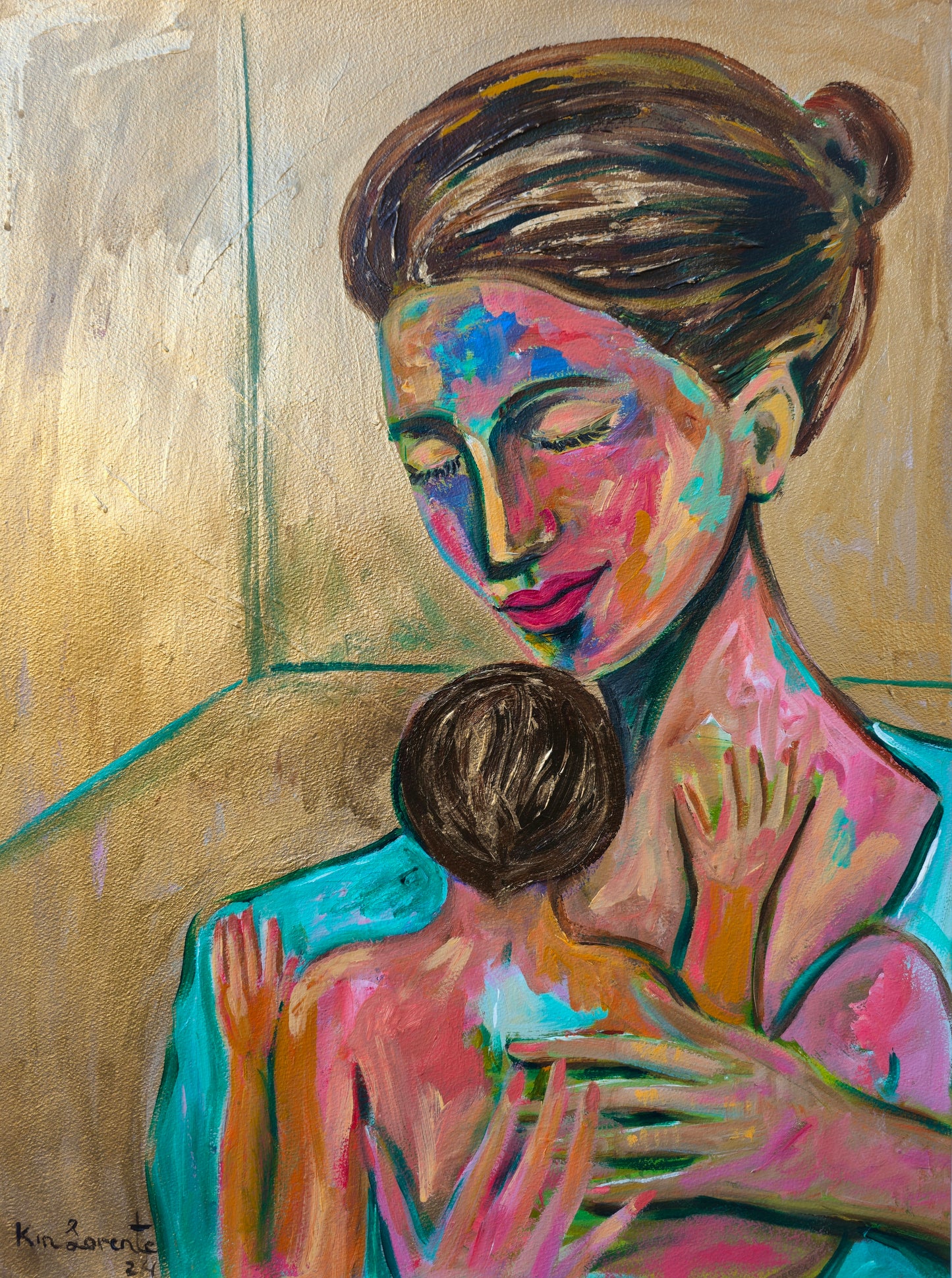 Maternidad en oro y azul